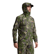 Green camo hooded full-zip jacket with drawcord hem and long sleeves