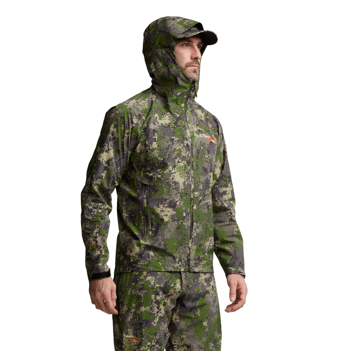 Green camo hooded full-zip jacket with drawcord hem and long sleeves
