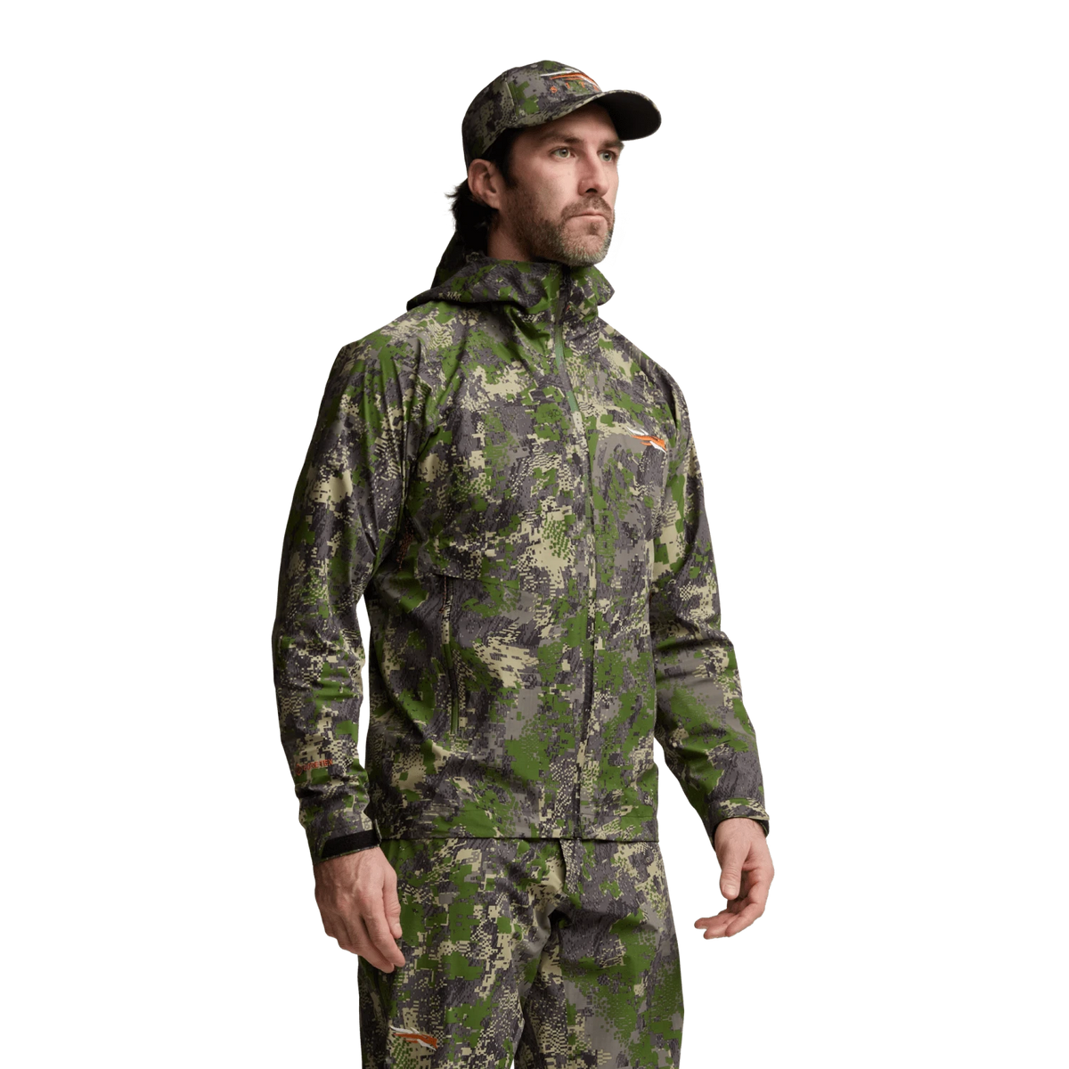 Green and gray camouflage Dew Point jacket with hood and full front zipper.