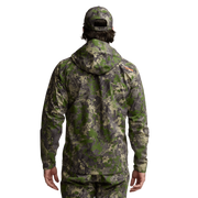 Green camo hooded jacket with full zipper, back view on model