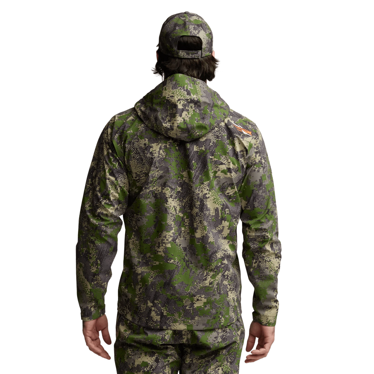 Green camo hooded jacket with full zipper, back view on model