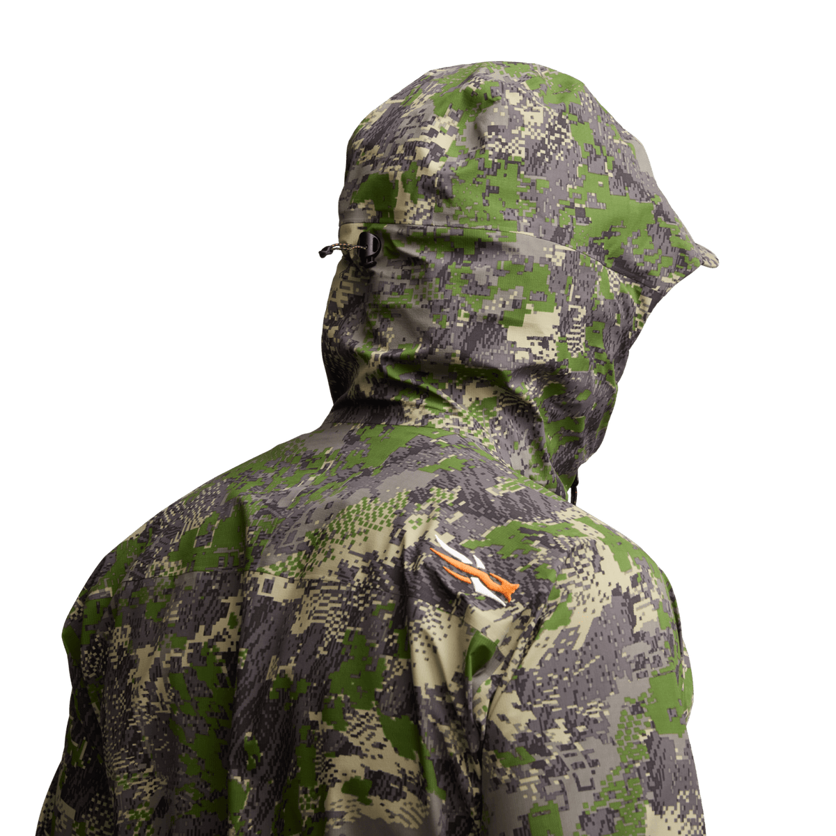 Green camo hooded jacket with side zipper pocket, angled view on model