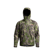 Camo hooded jacket with front zipper and long sleeves, stand collar