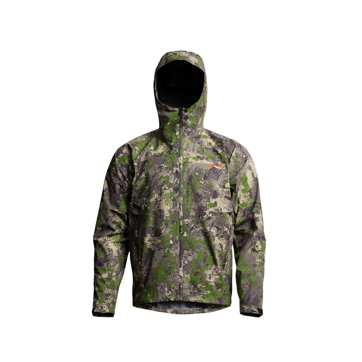 Camo hooded jacket with front zipper and long sleeves, stand collar