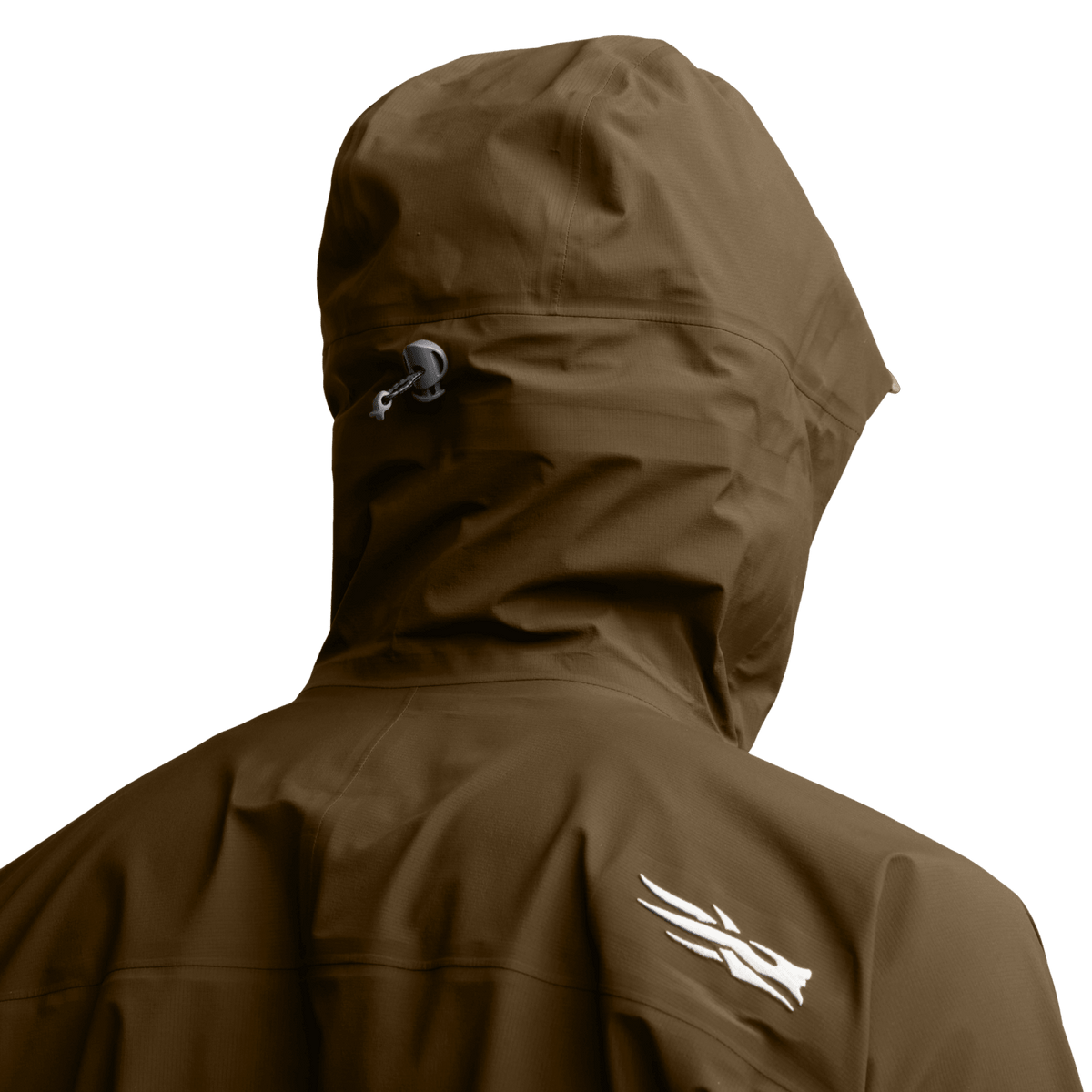Brown hooded jacket close-up with adjustable hood drawcord and logo on back