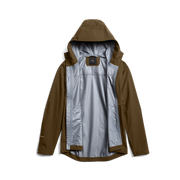 Brown hooded jacket with light gray lining showing under the hood