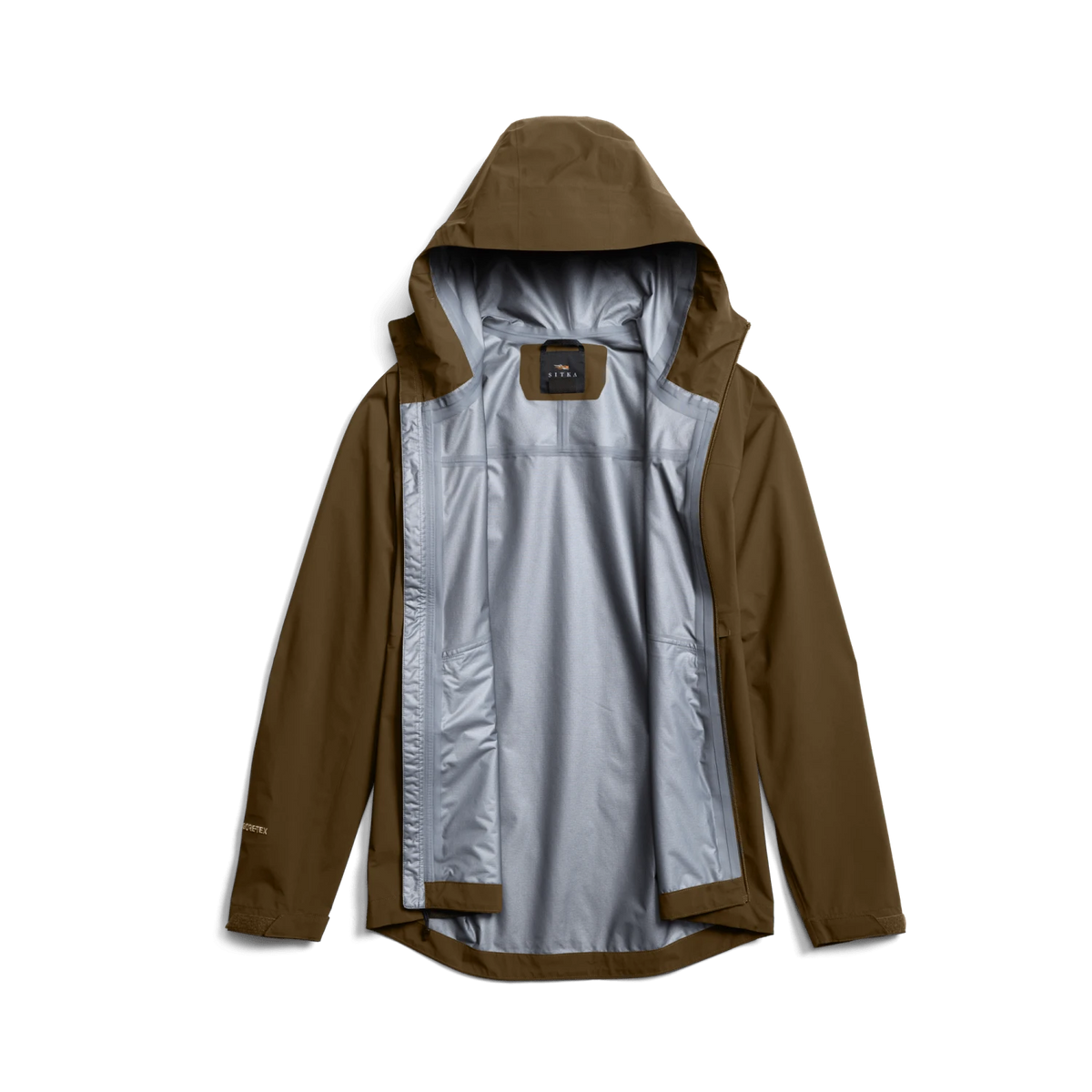 Brown hooded jacket with light gray lining showing under the hood