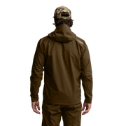 Olive-brown hooded jacket, back view with logo on upper back