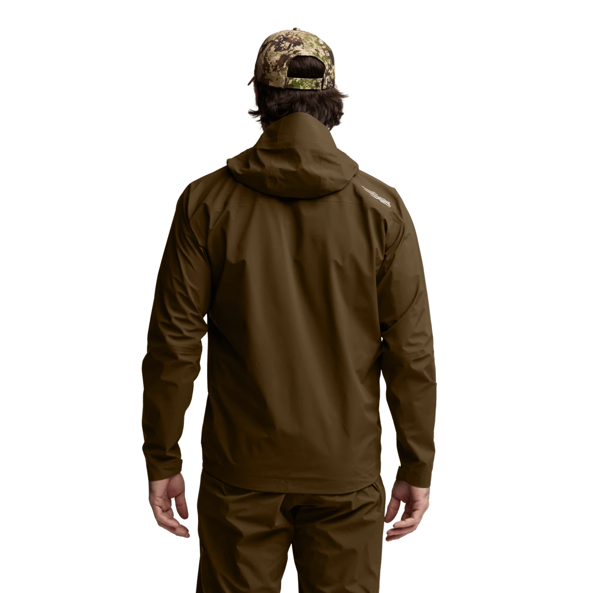 Olive-brown hooded jacket, back view with logo on upper back