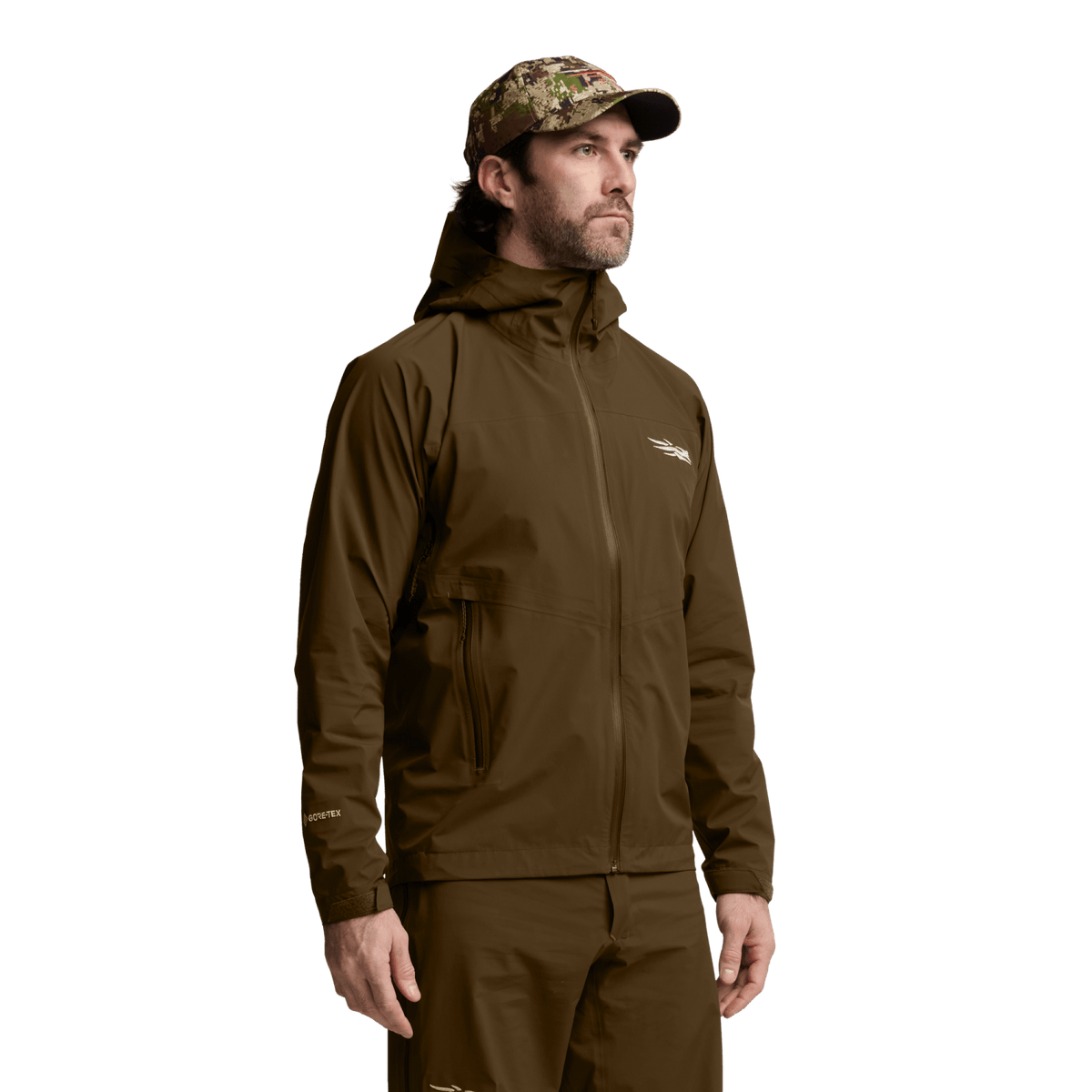 Solid brown hooded jacket worn on model, front zipper and chest logo