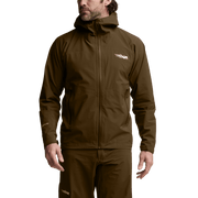 Olive-brown hooded jacket with front zipper and side pockets