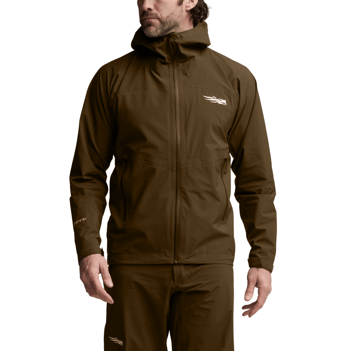Olive-brown hooded jacket with front zipper and side pockets