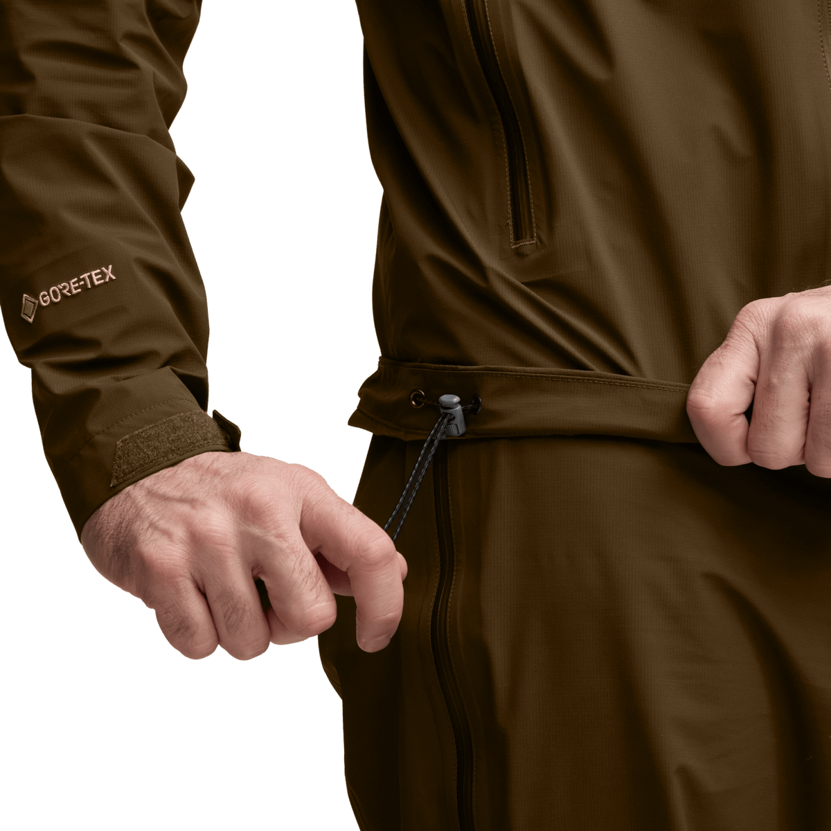 Brown full-zip hooded jacket with drawcord hem and front pockets