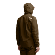 Brown hooded rain jacket with full-length zipper, back view, logo on upper back