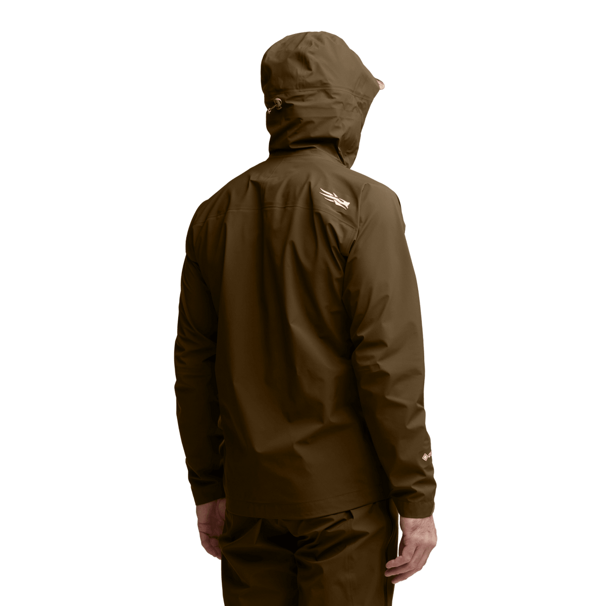 Brown hooded rain jacket with full-length zipper, back view, logo on upper back