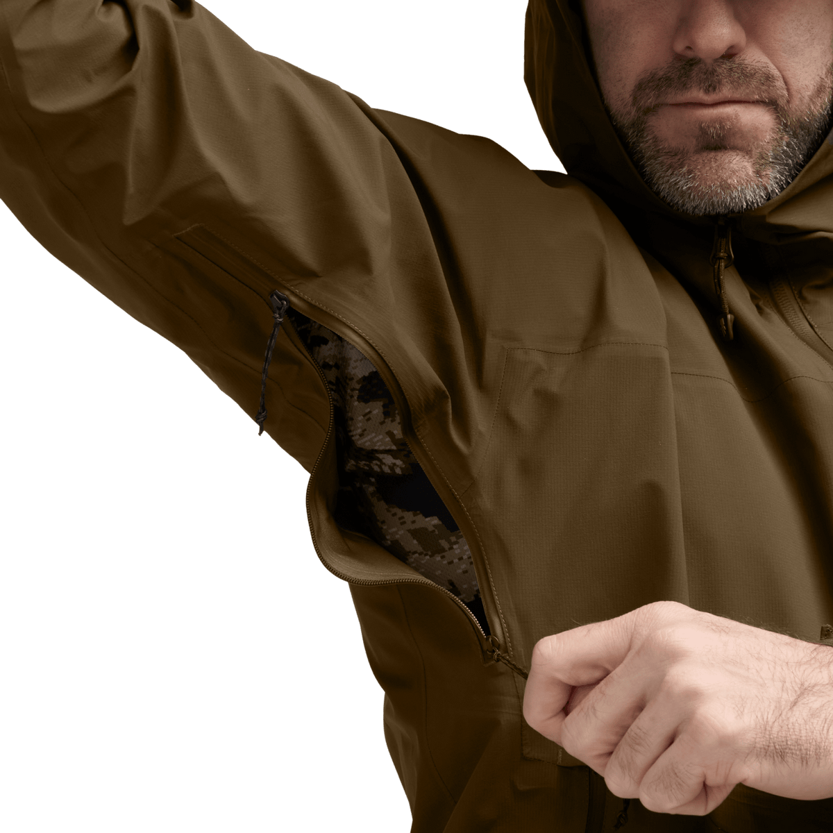 Dark tan Dew Point jacket with hood, front zipper, and zippered chest pocket.