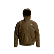 Solid tan hooded jacket with front zipper, long sleeves, and chest logo