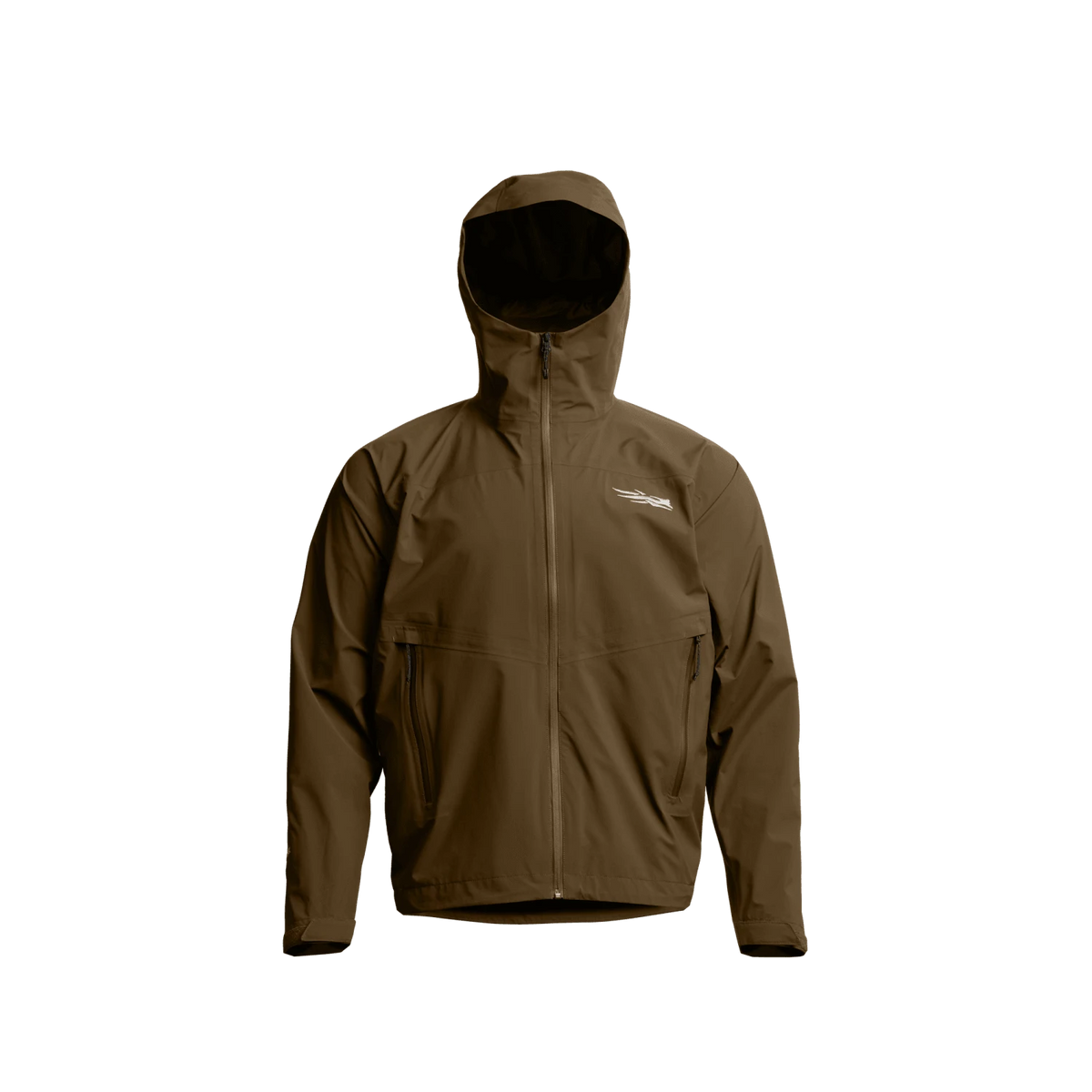 Solid tan hooded jacket with front zipper, long sleeves, and chest logo