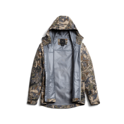 Camouflage jacket with hood open, showing gray inner lining and front panel