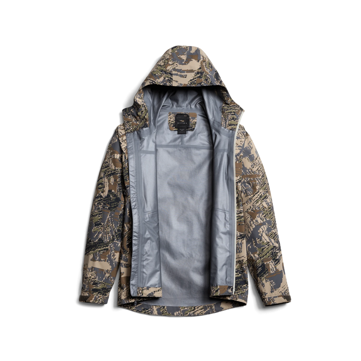 Camouflage jacket with hood open, showing gray inner lining and front panel