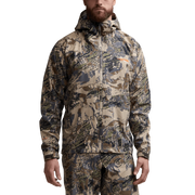 Camouflage hooded jacket worn front view with full zipper and long sleeves