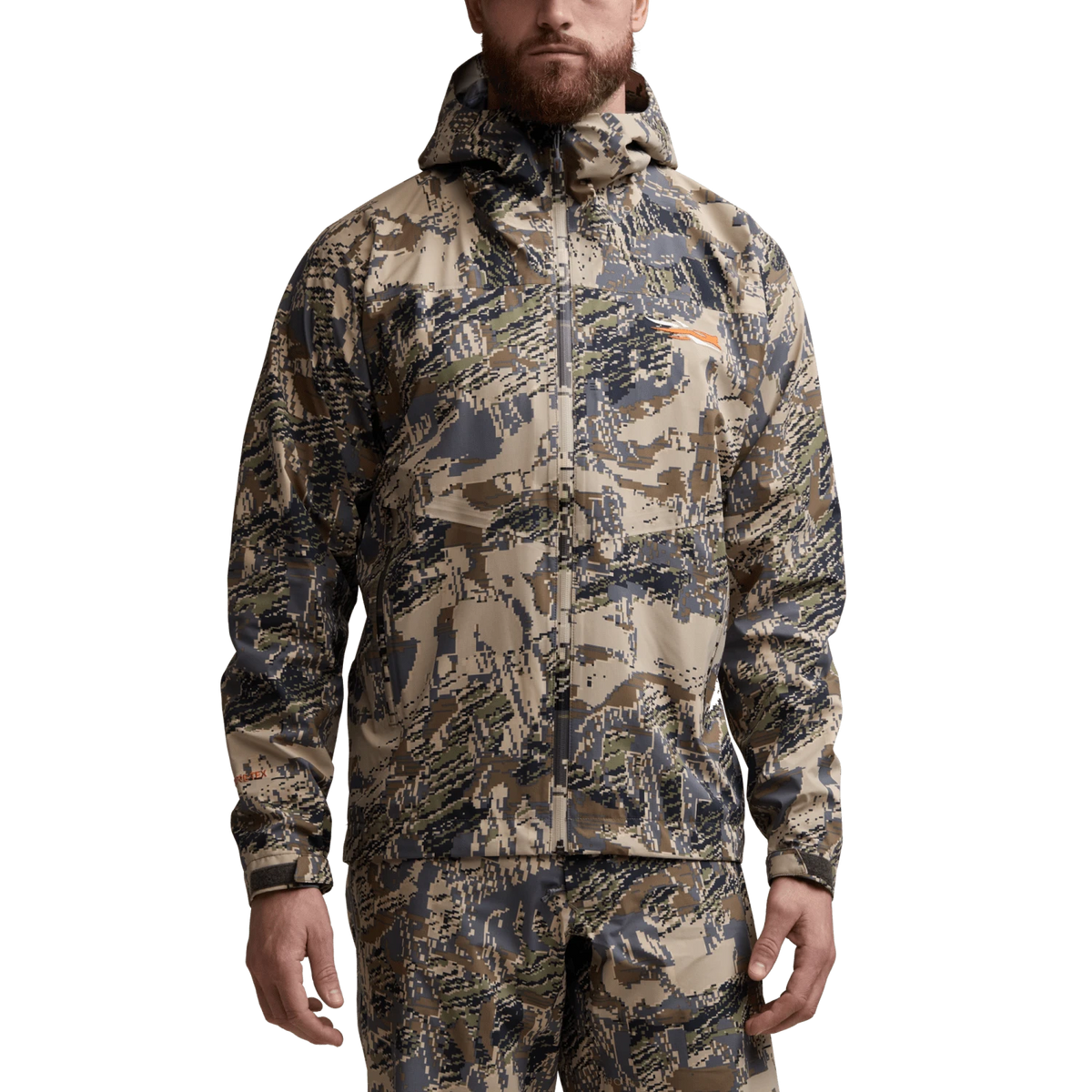 Camouflage hooded jacket worn front view with full zipper and long sleeves