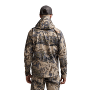 Back view of camouflage hooded jacket with full coverage hood