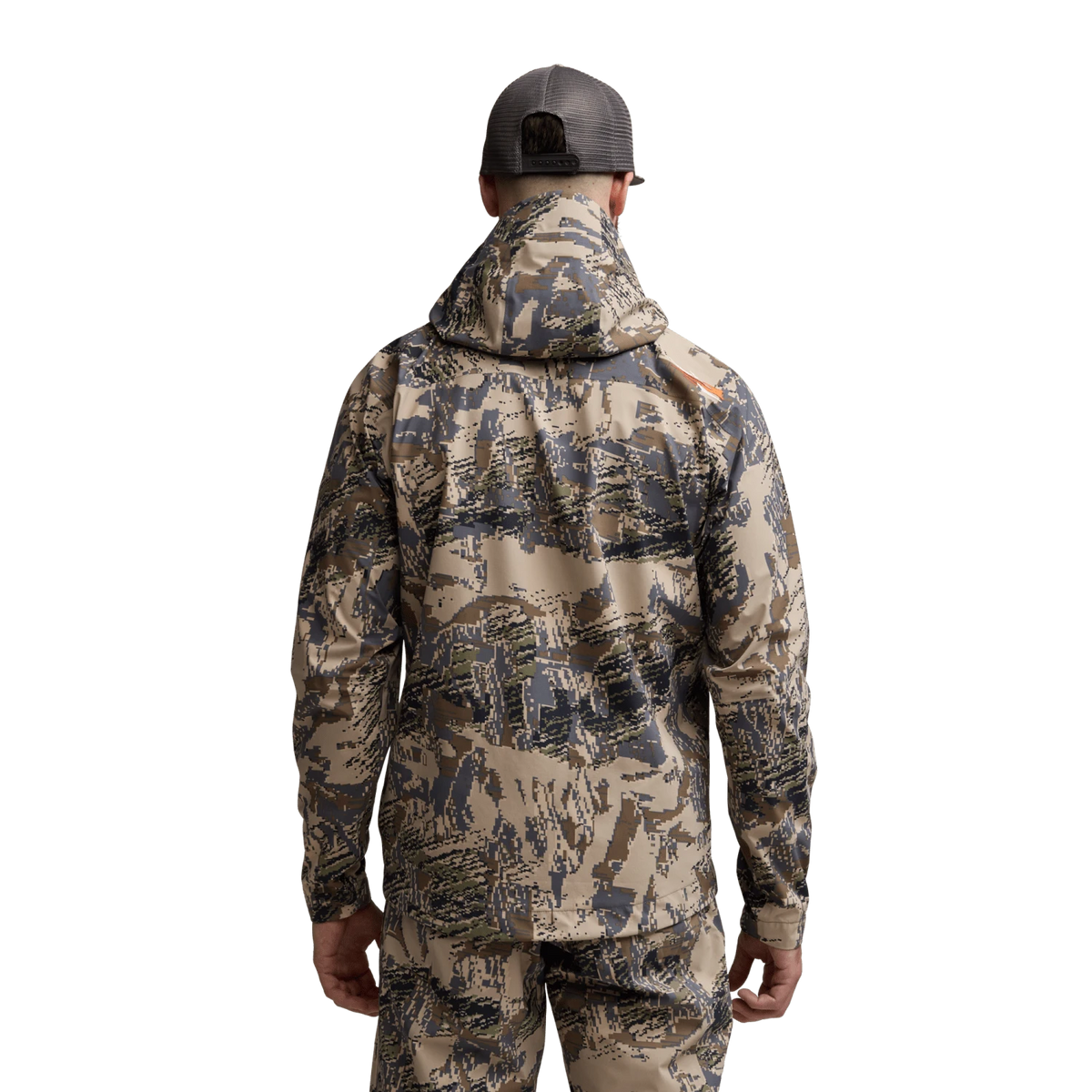 Back view of camouflage hooded jacket with full coverage hood