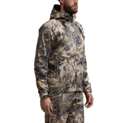Camouflage hooded jacket with full zip and elastic cuffs, side view