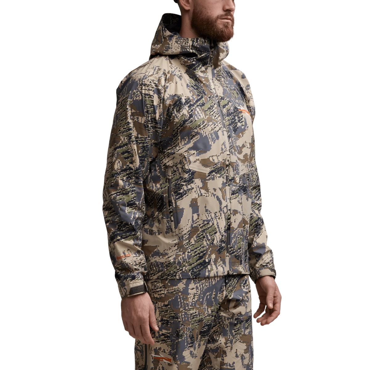 Camouflage hooded jacket with full zip and elastic cuffs, side view