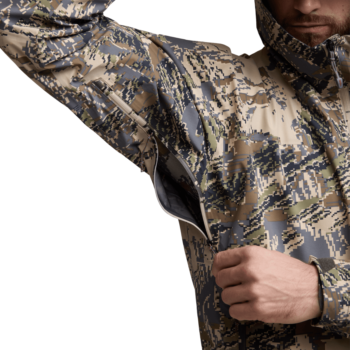 Camouflage hooded jacket close-up, front zipper and adjustable drawcord visible