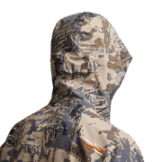Camouflage hooded jacket with full-zip front, high collar, and patterned fabric