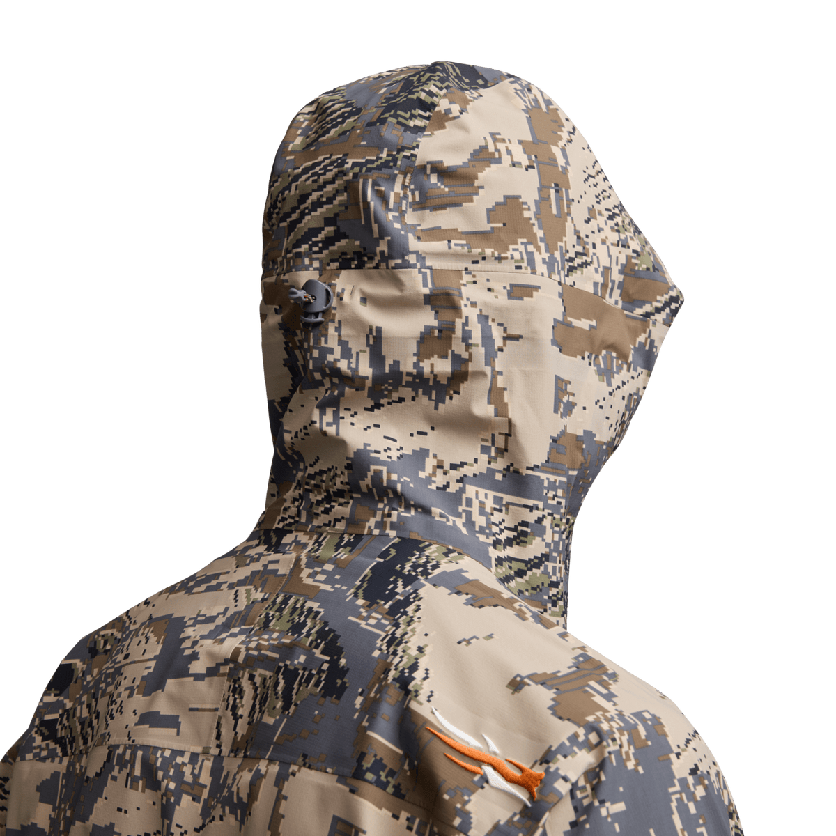 Camouflage hooded jacket with full-zip front, high collar, and patterned fabric