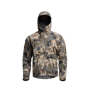 Camouflage hooded jacket with front zipper and chest logo