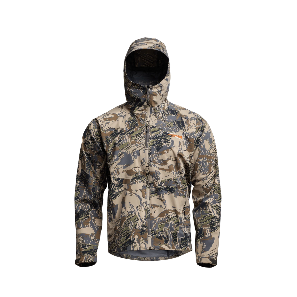 Camouflage hooded jacket with front zipper and chest logo