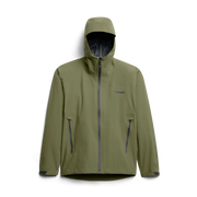Olive green hooded full-zip jacket with front zipper, zip pockets, and Lacoste logo