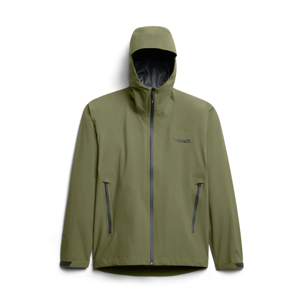 Olive green hooded full-zip jacket with front zipper, zip pockets, and Lacoste logo