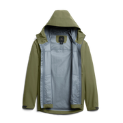 Hooded outdoor jacket in olive green, full-zip front; inner lining and hood visible
