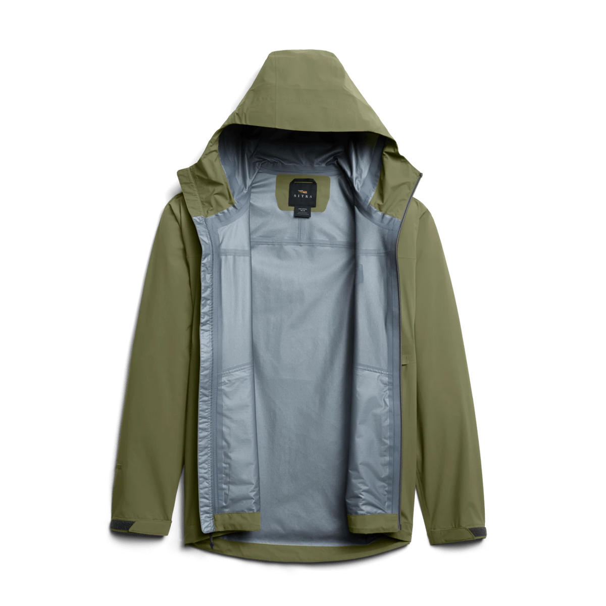 Hooded outdoor jacket in olive green, full-zip front; inner lining and hood visible