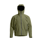 Olive green hooded full-zip jacket with zip pockets and adjustable hem cord