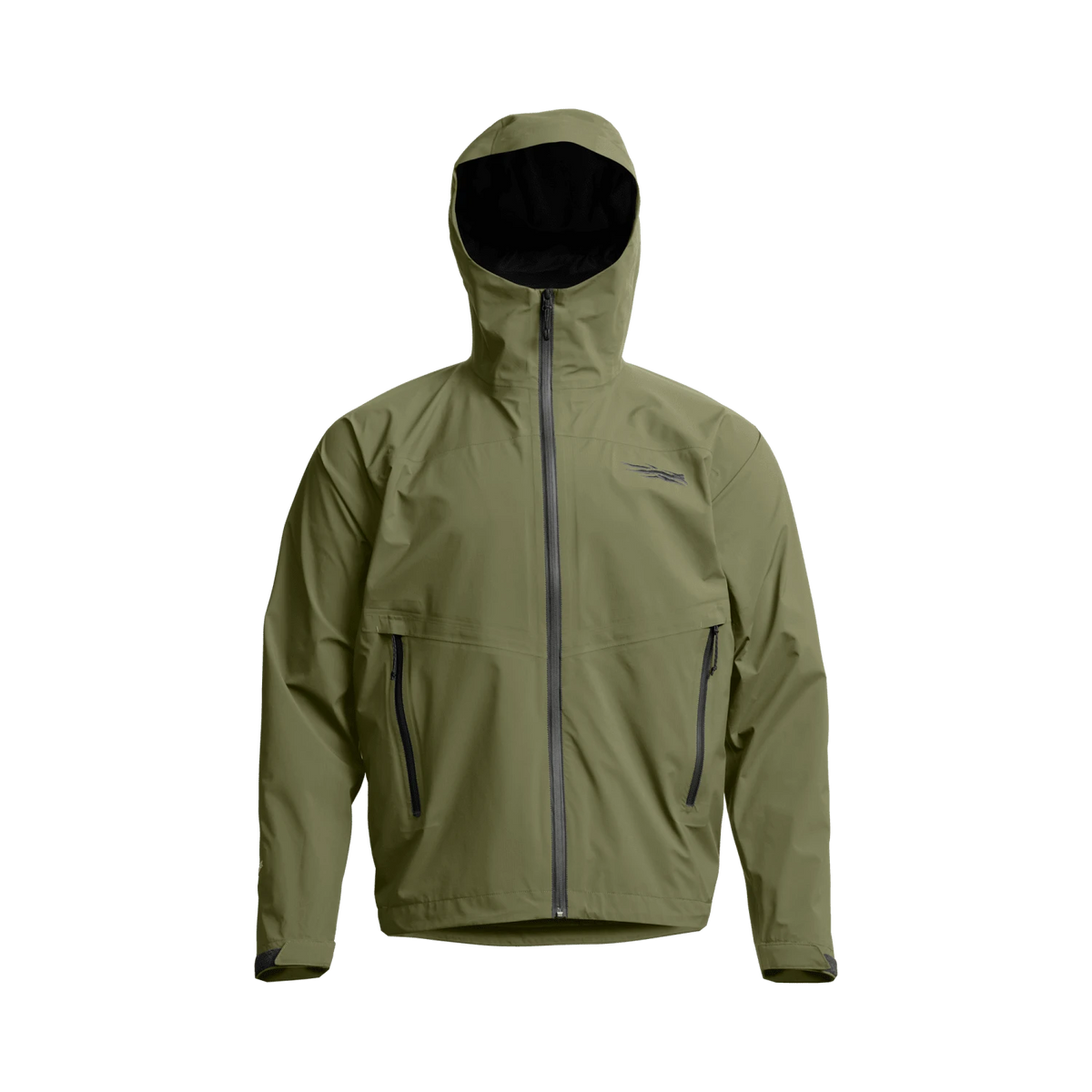 Olive green hooded full-zip jacket with zip pockets and adjustable hem cord