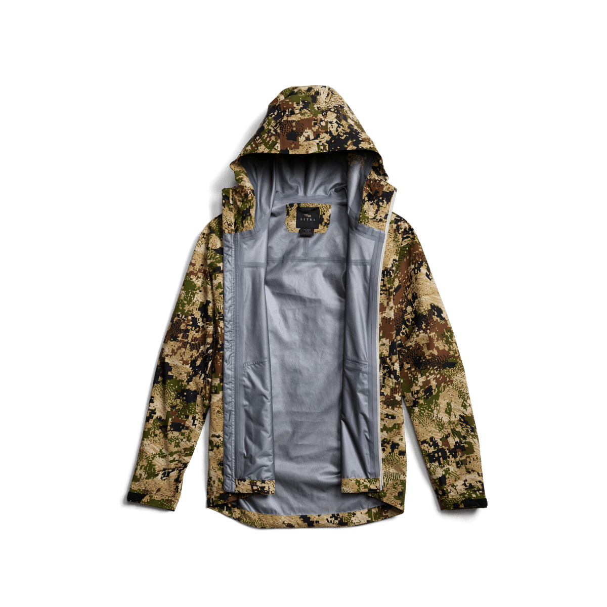 Camouflage jacket with hood, open front showing gray lining and inner pocket