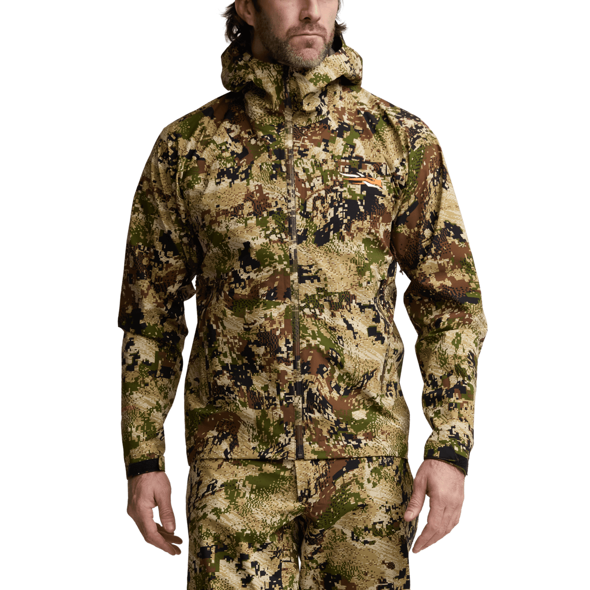 Camouflage zip-up jacket with high collar and chest pocket