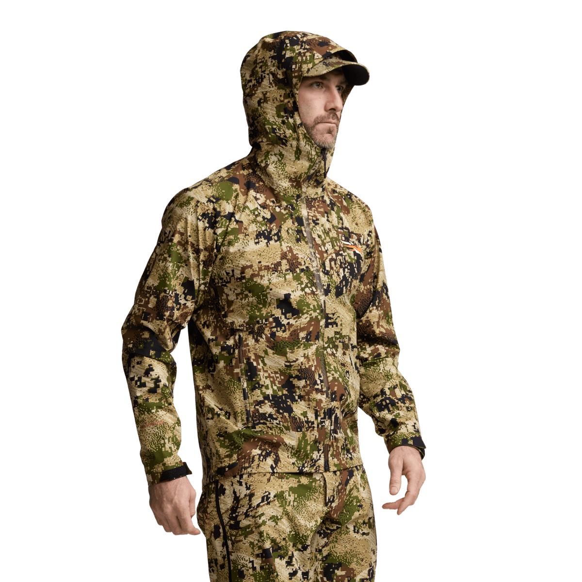 Camouflage hooded jacket with zip front and elastic cuffs, worn by model