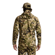 Camouflage hooded jacket with full zipper and drawstring at neck