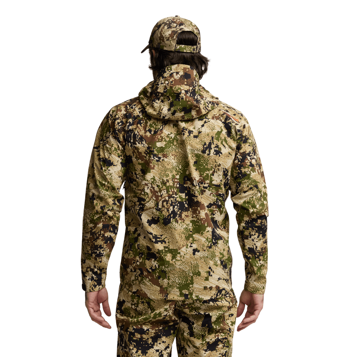 Camouflage hooded jacket with full zipper and drawstring at neck