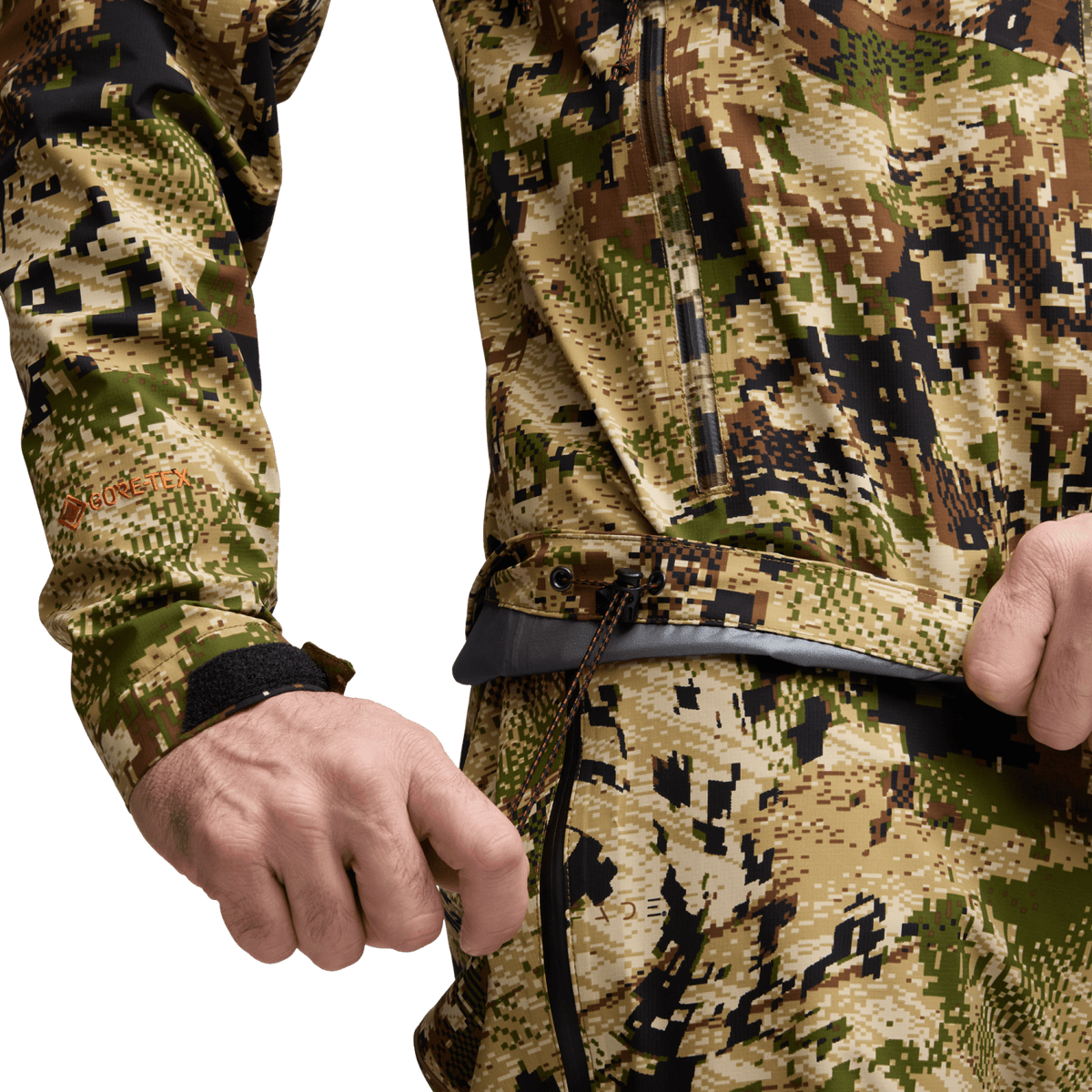 Camouflage jacket sleeve with elastic cuff and front zipper with pull tab
