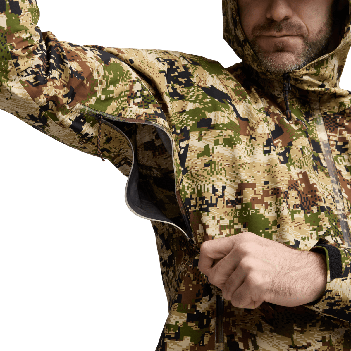 Camouflage jacket with hood and front zipper, close-up with GORE text patch