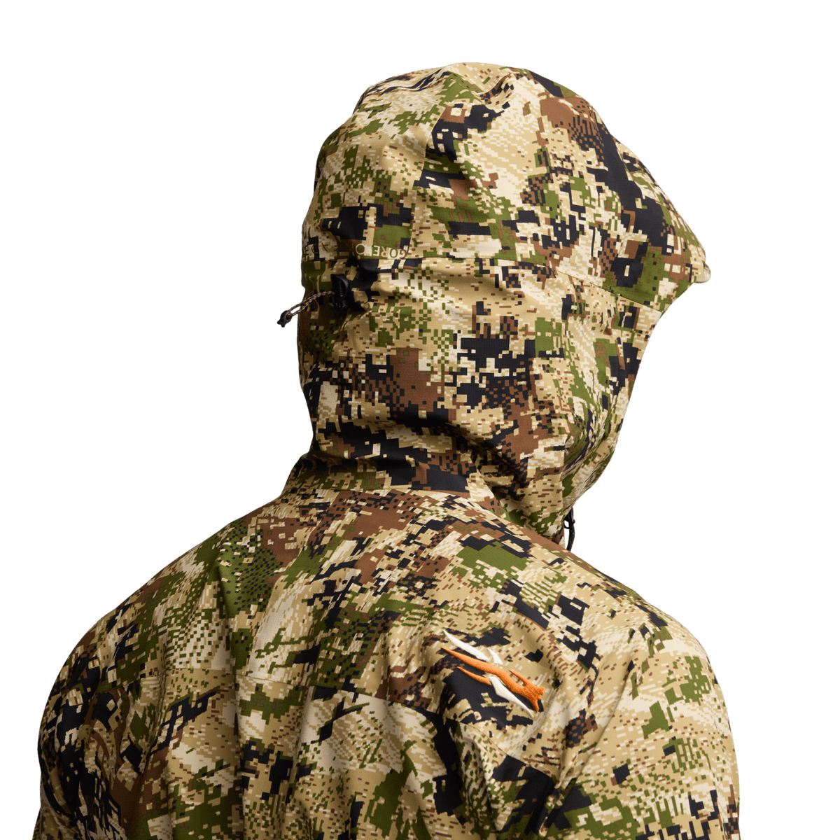 Camouflage hooded jacket with orange logo patch on shoulder