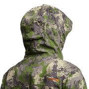 Green digital camouflage hooded jacket close-up with front zipper and chest logo